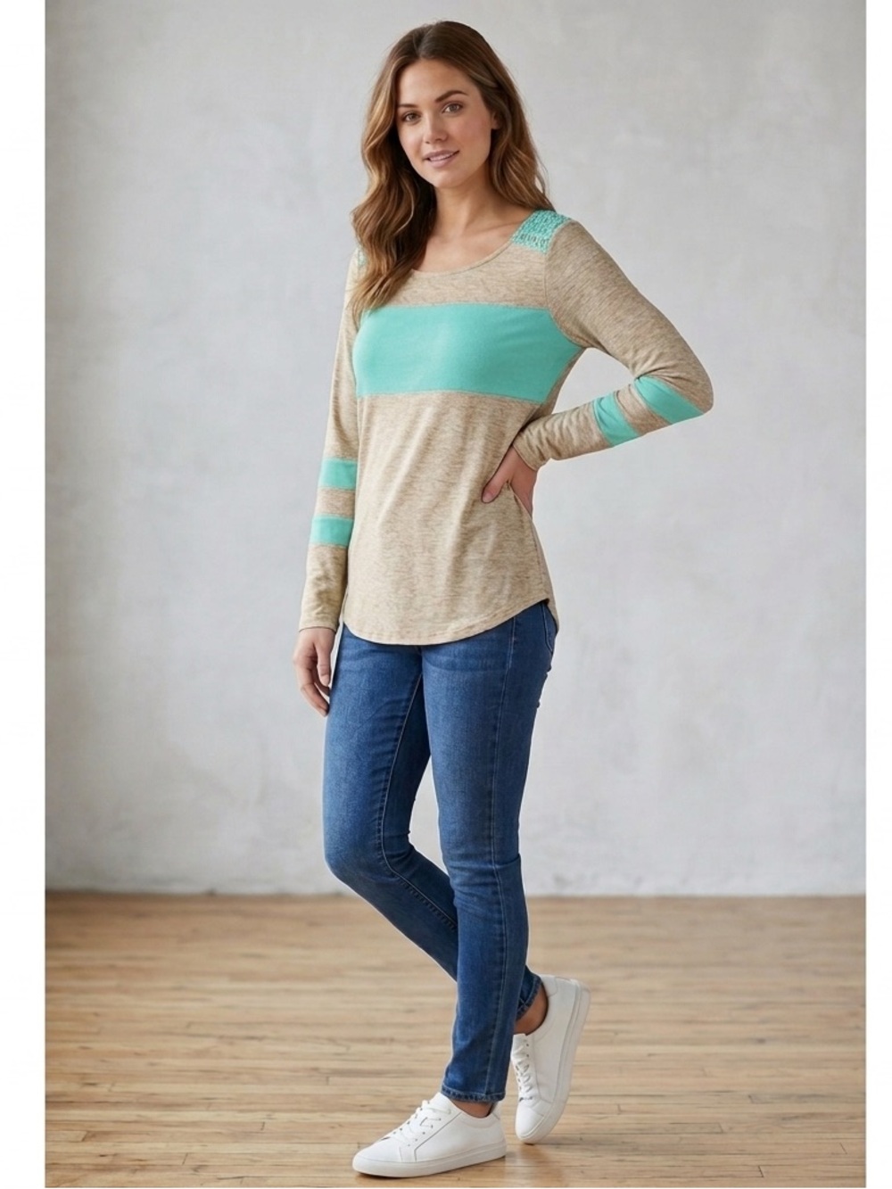 NWOT Hailey & Co. Oatmeal & Teal Striped Long Sleeve Top - M